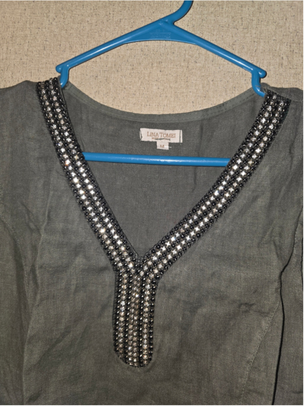 Women's Lina Tomei Grey olive Mini Dress with Silver Embellishments, Size M chic - Picture 2 of 3
